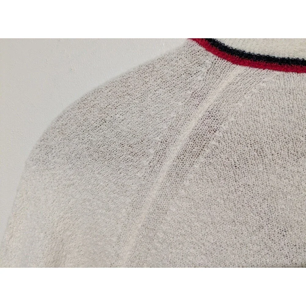 Vintage 70s Designer's Originals Acrylic Cream Cardigan Red Blue Striped S B 38